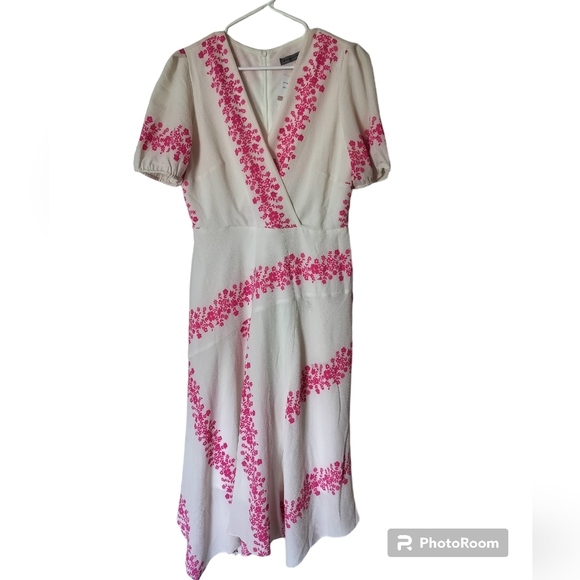 Danny and Nicole Ivory hot pink floral stripe textured faux-wrap dress size 12 - Picture 2 of 16